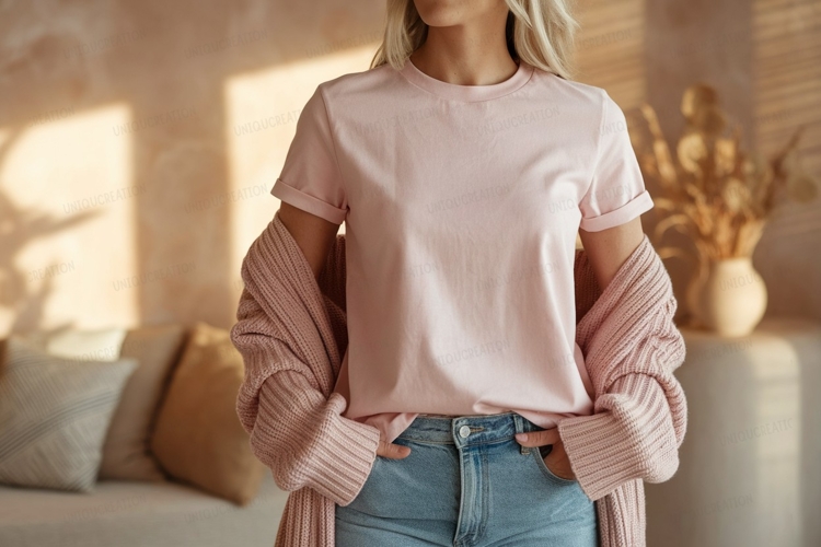 Pink shirt blue jeans cozy cardigan mockup
