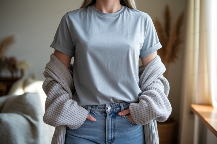 Light blue t shirt and grey cardigan image