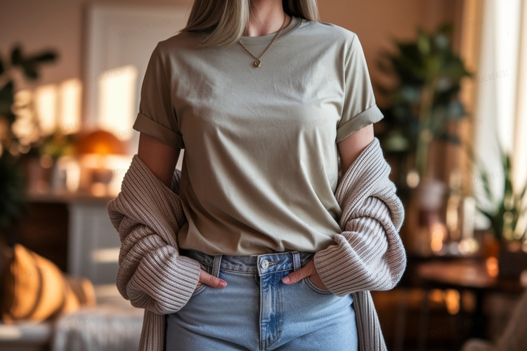 Woman wearing beige t shirt and blue jeans image