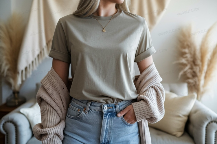 Woman wearing neutral tones t-shirt jeans