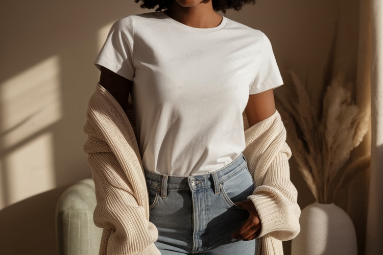 Woman wearing white t shirt and denim jeans image