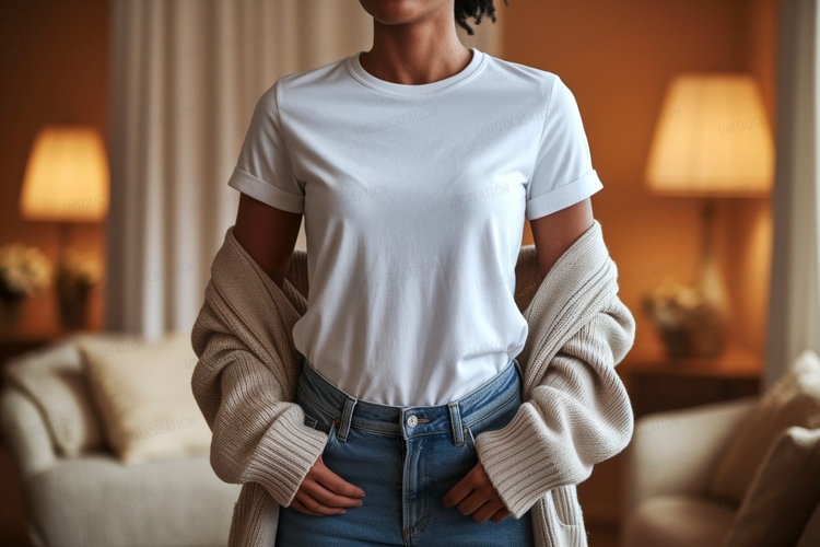 White t shirt blue jeans cardigan image