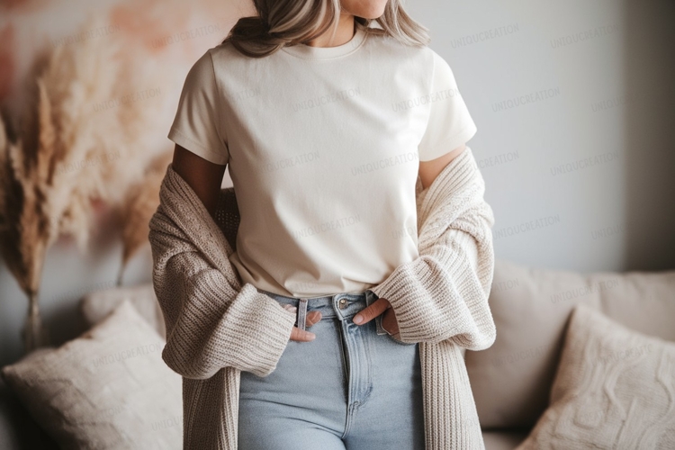 Woman wearing cream t shirt light blue jeans image