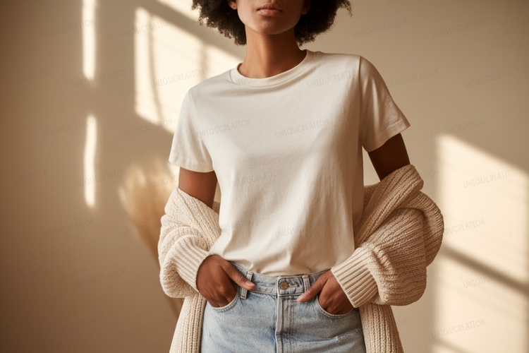 Woman wearing cream t shirt and cardigan image