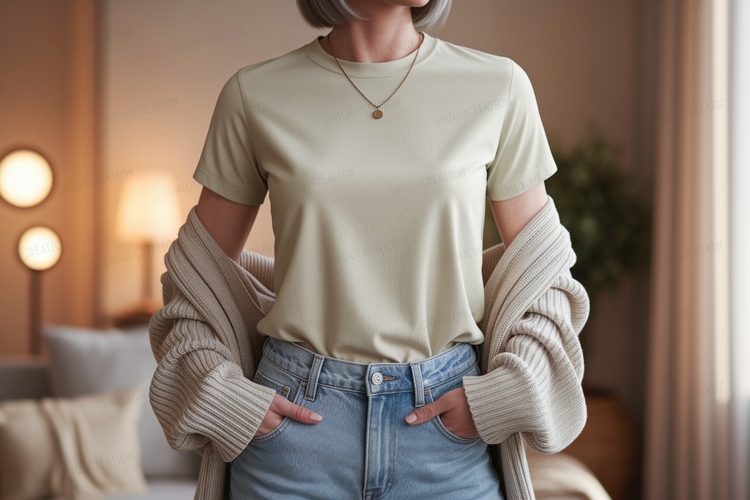 Woman wearing light green t shirt and jeans cardigan