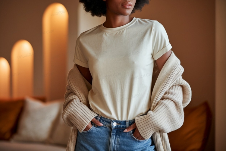 Cream tee blue jeans cardigan image