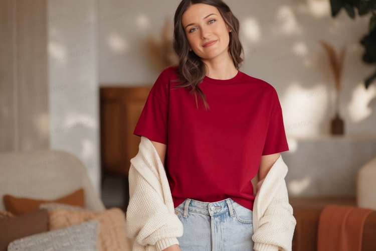 Woman wearing red t shirt and cardigan image