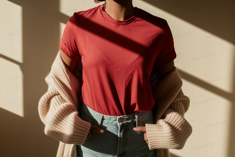 Red shirt blue jeans knit cardigan image