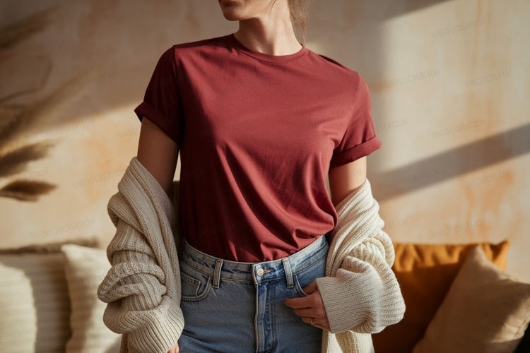 Woman wearing maroon t shirt and denim jeans image