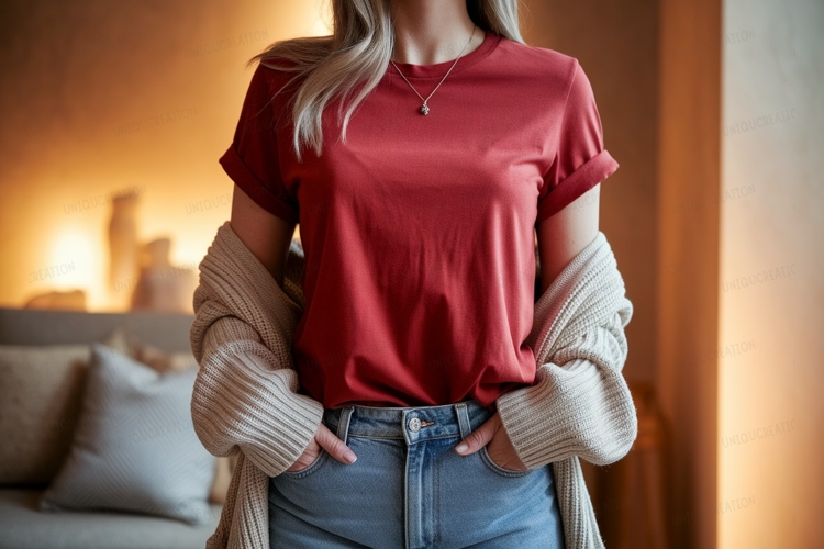Red shirt blue jeans cozy cardigan image