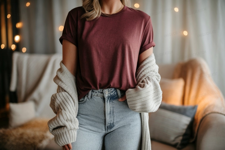 Maroon t shirt light jeans cozy cardigan wash