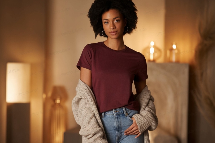 Woman wearing maroon t shirt and cardigan image