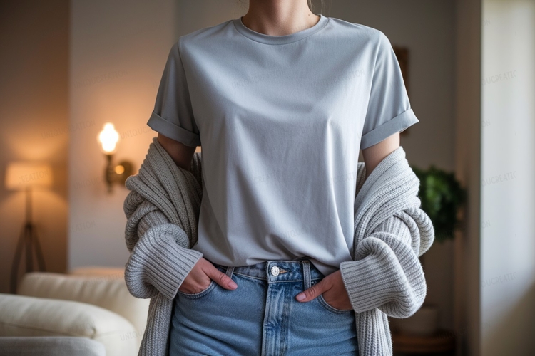 Light gray t shirt and denim jeans mockup