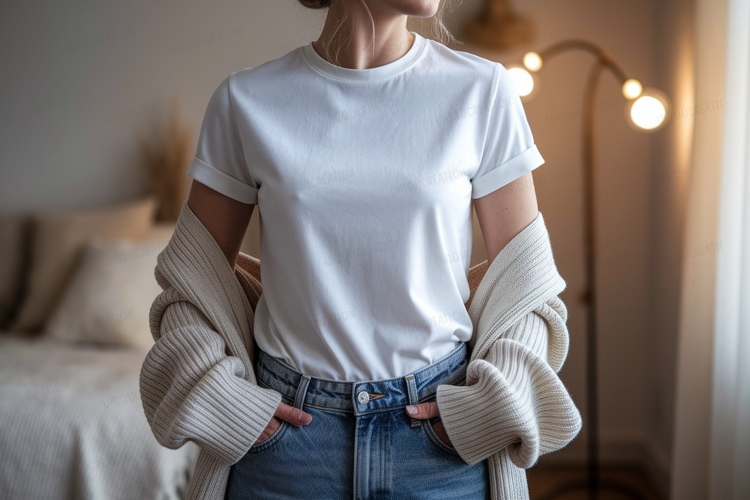 Woman wearing white t shirt and jeans image