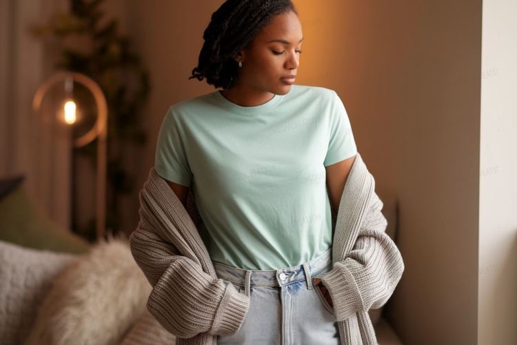 Woman wearing light green t shirt and grey cardigan