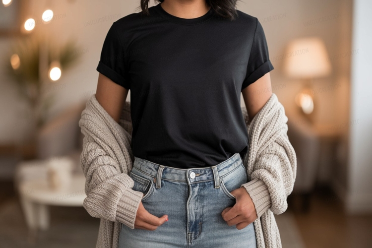 Black shirt light jeans cozy cardigan clothing
