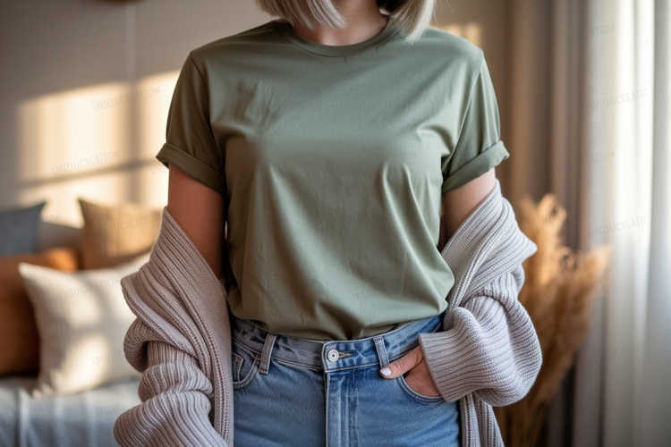 Olive green t shirt blue jeans cardigan image