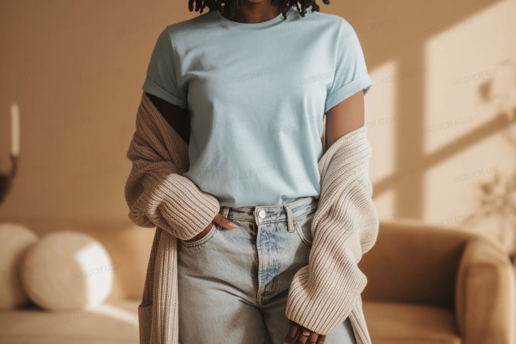 Light blue t shirt and beige cardigan mockup image