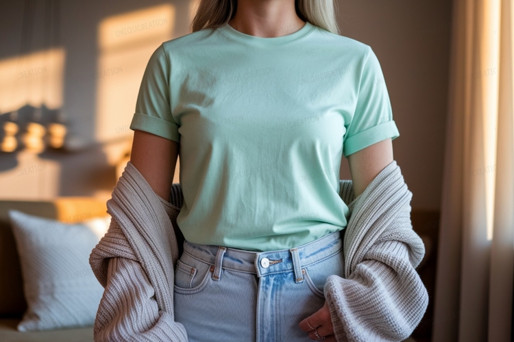 Mint green t shirt light blue jeans image