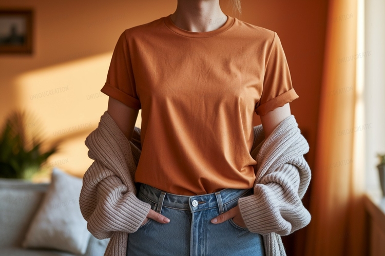 Orange shirt blue jeans cardigan image