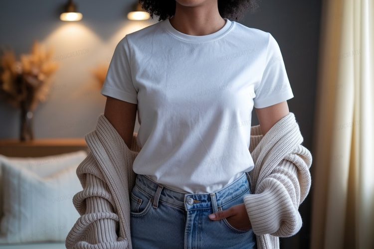 Woman wearing white t shirt and cardigan image