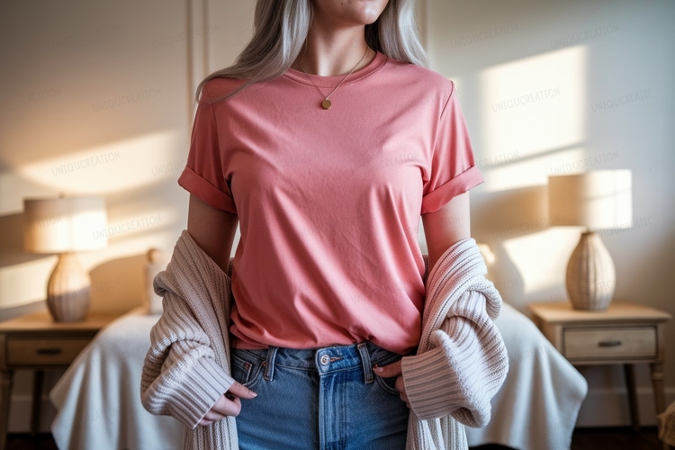 Coral shirt blue jeans knit cardigan image