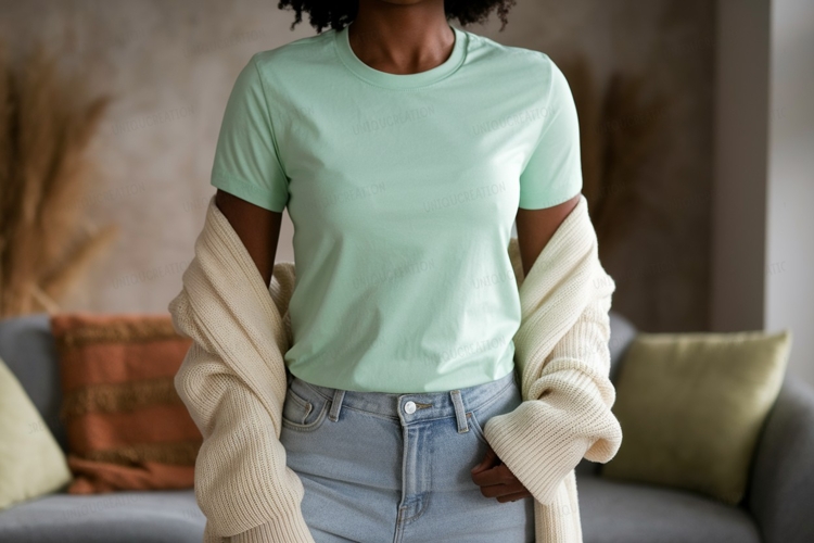 Mint green shirt light blue jeans cream cardigan Mockup