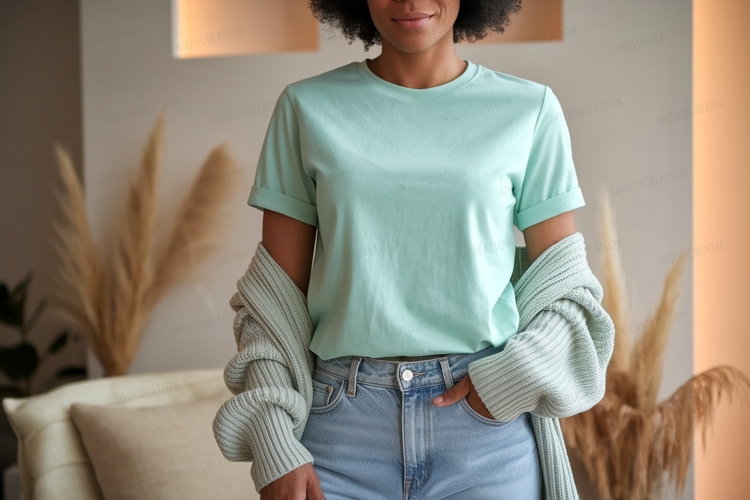 Woman wearing mint t shirt and cardigan image