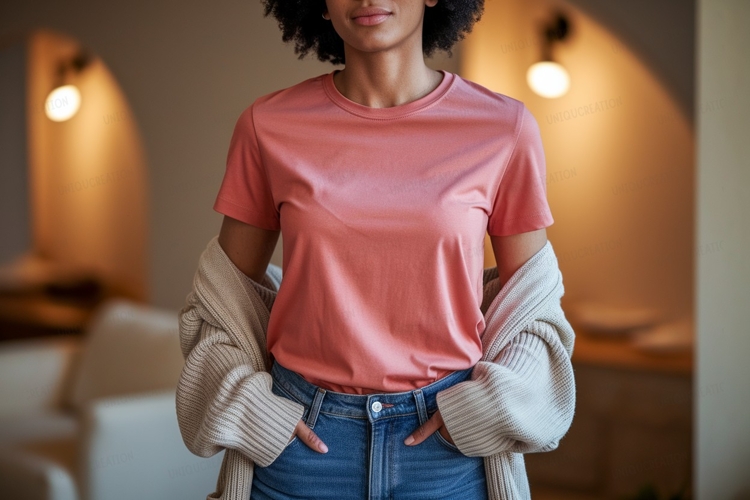 Coral tee blue jeans cardigan image