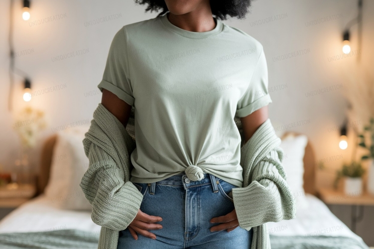 Woman wearing green t shirt and jeans image