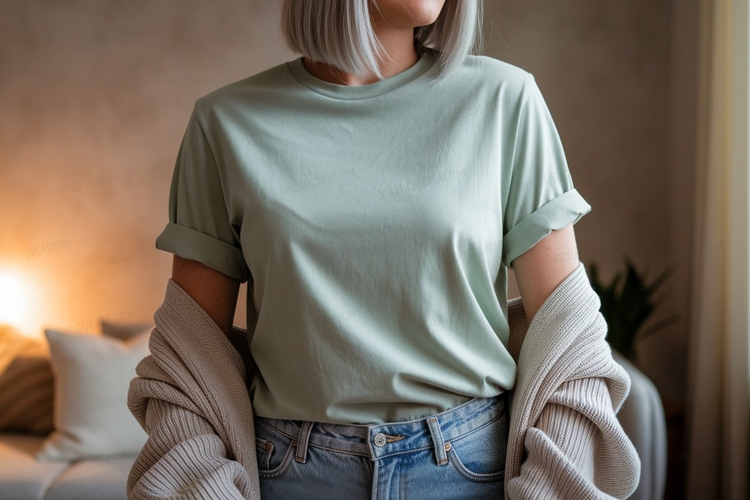 Mint green t shirt light cardigan mockup