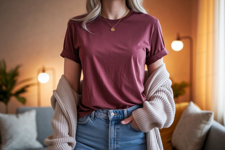 Maroon t shirt blue jeans cardigan image