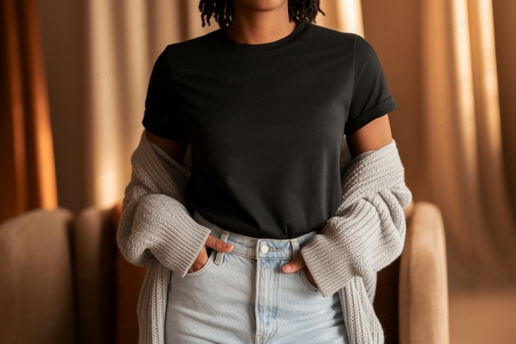 Black tee light jeans grey cardigan image