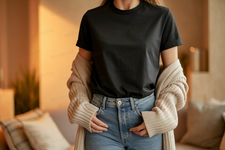 Black shirt blue jeans cardigan beige