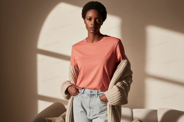 Woman wearing coral t shirt and cardigan image
