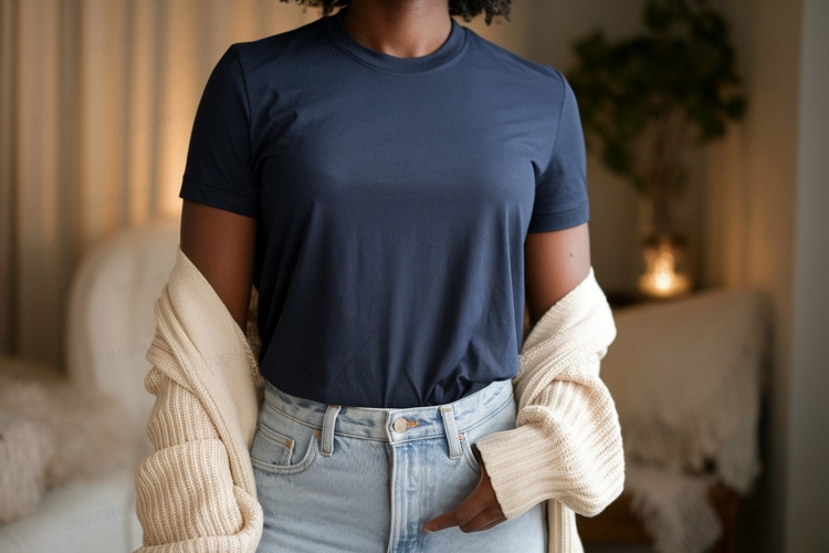 Dark blue t shirt light jeans cream cardigan image