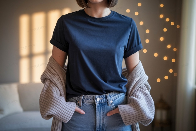 Woman wearing dark blue t shirt and light blue jeans