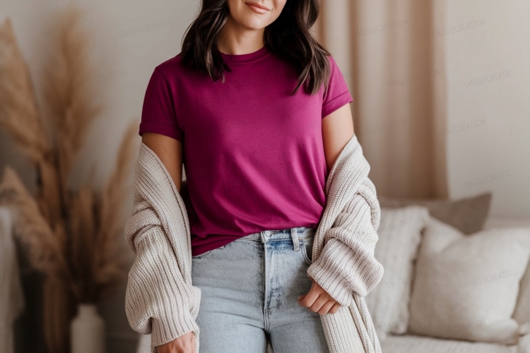 Magenta t shirt light jeans cream cardigan image