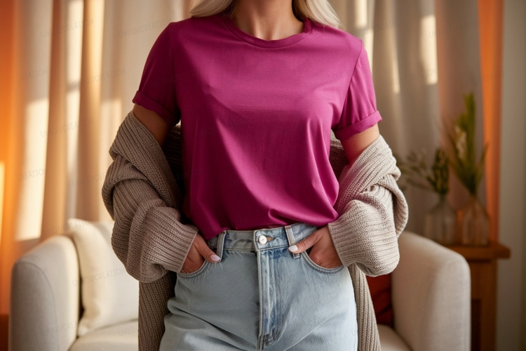 Magenta t shirt light denim jeans image