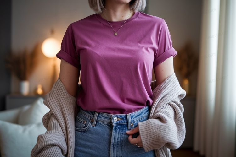 Magenta shirt blue jeans cardigan image