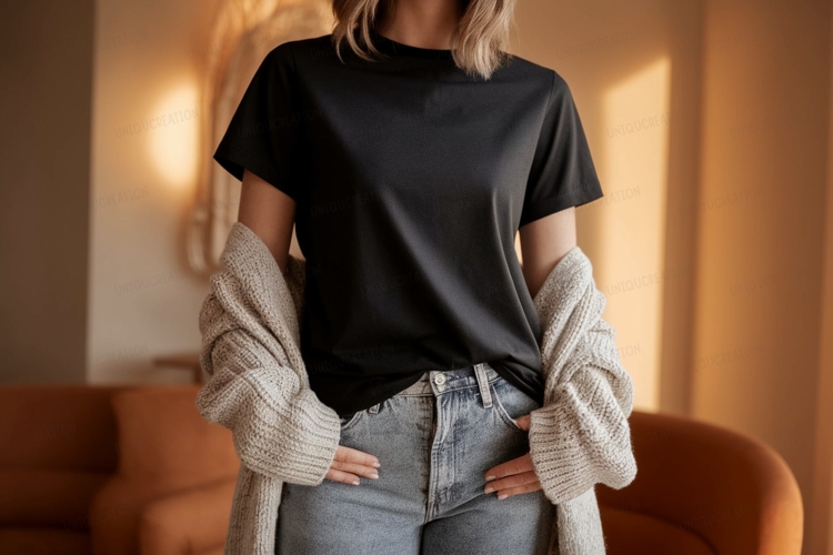 Woman wearing black t shirt and denim jeans image
