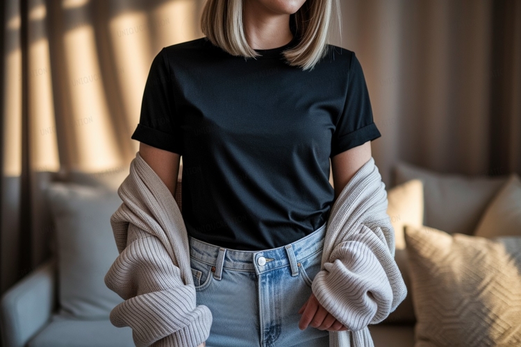 Woman wearing black t shirt and cardigan image