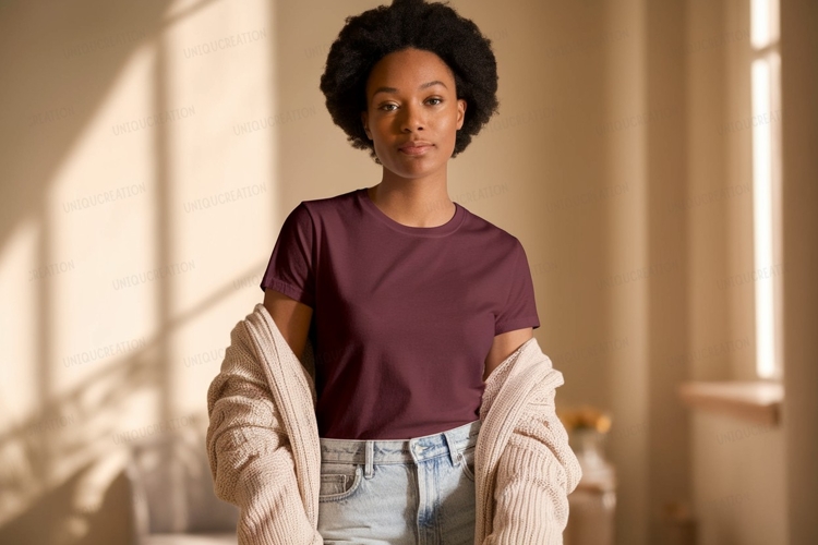 Woman wearing maroon t shirt and cardigan image