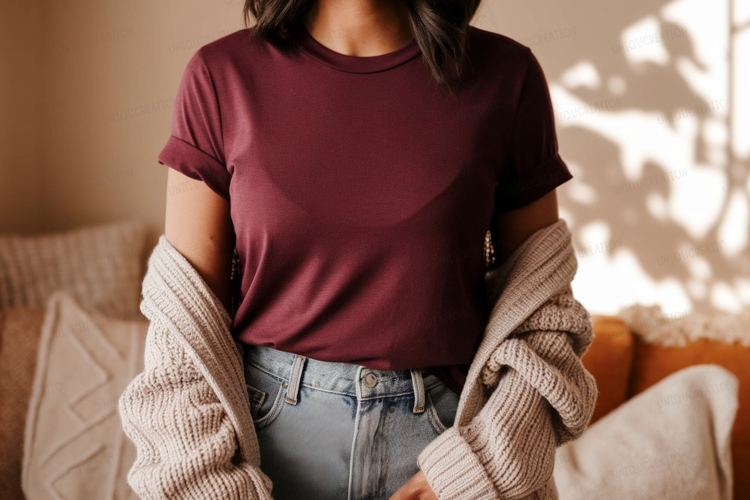 Maroon t shirt light jeans knit cardigan image