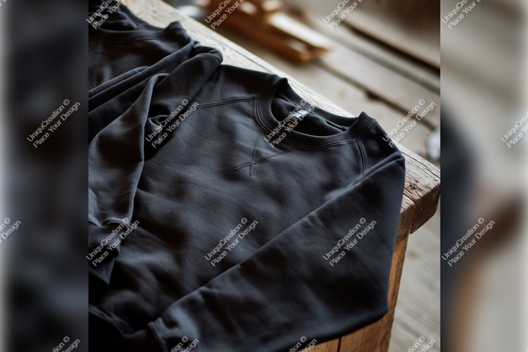 Dark Sweatshirts On Wooden Table Tshirt Mockup