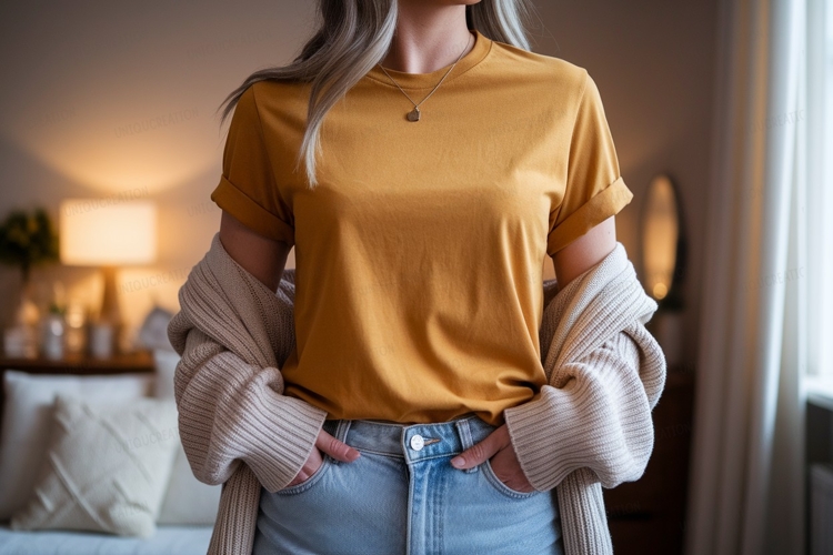 Mustard tee light denim jeans knit cardigan image
