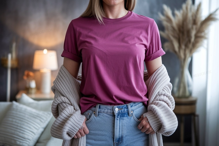Magenta shirt light denim jeans image