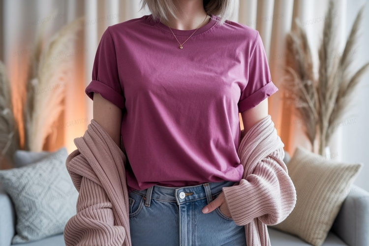 Magenta shirt denim jeans cardigan image
