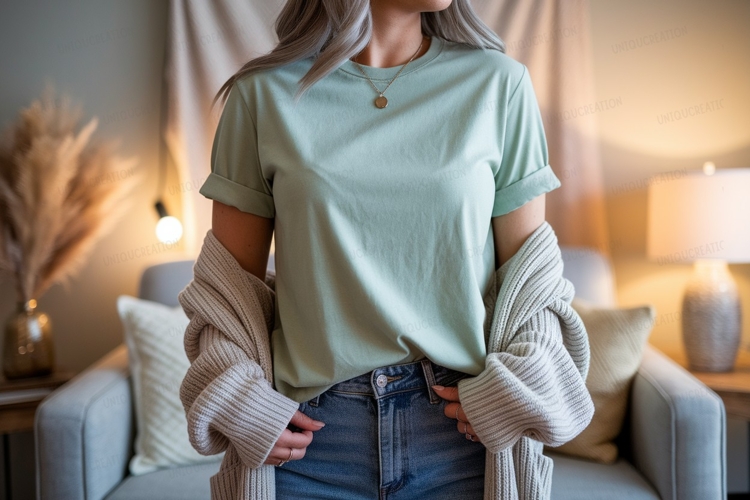 Woman wearing light green t shirt and cardigan image example image 1