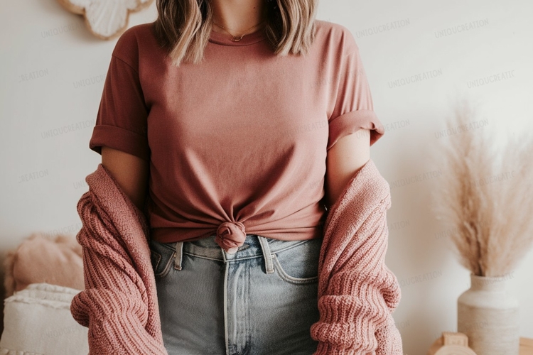 Woman wearing pink t shirt and jeans image